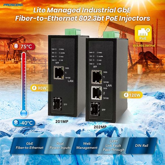 PROSCEND bringt 1-Port und 2-Port Lite Managed Industrial GbE Fiber-to-Ethernet 802.3bt PoE-Injektoren auf den Markt.